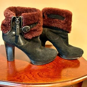 UGG black suede and burgundy shearling cuff boots